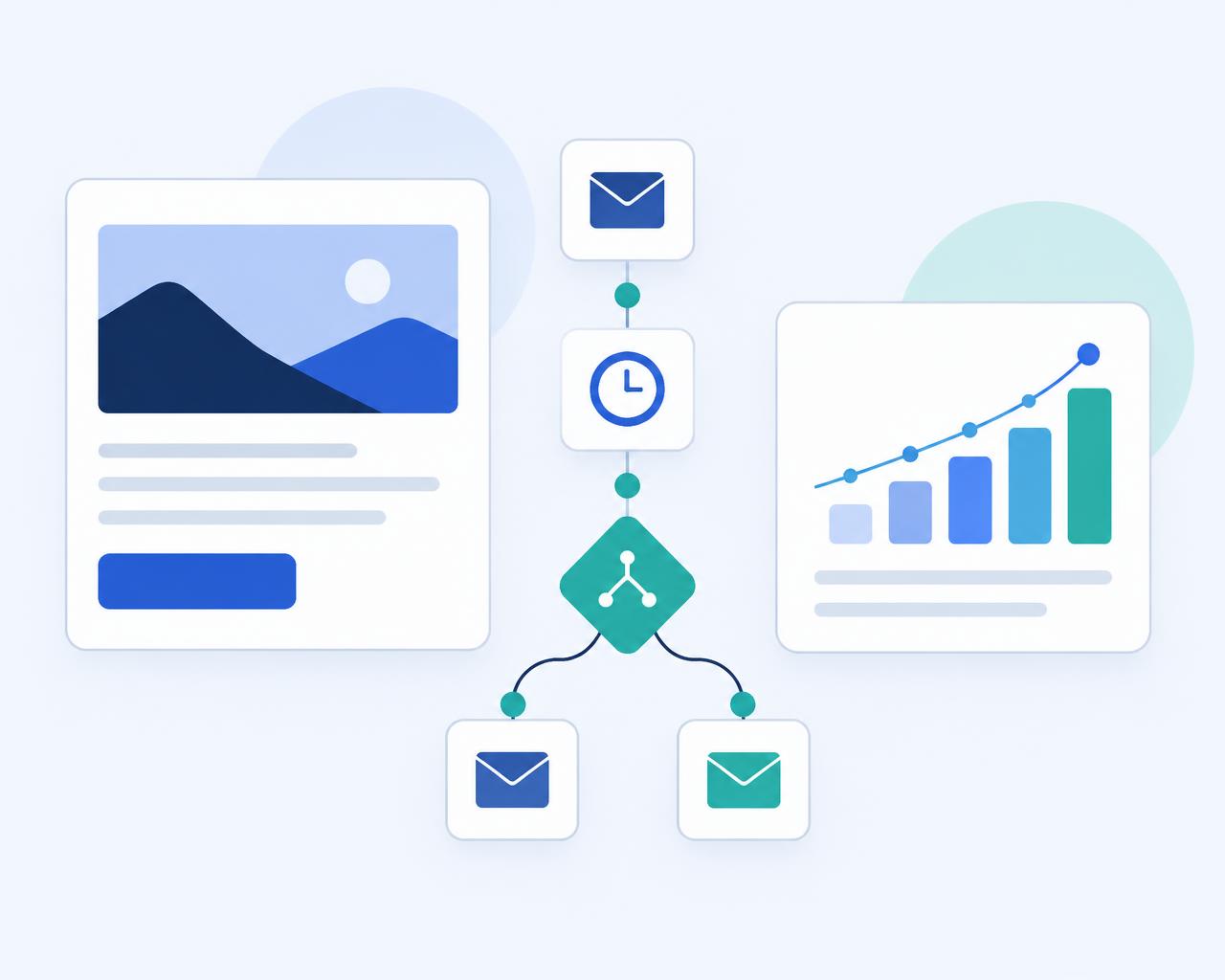 Illustration of a newsletter, an email automation workflow, and a simple analytics chart